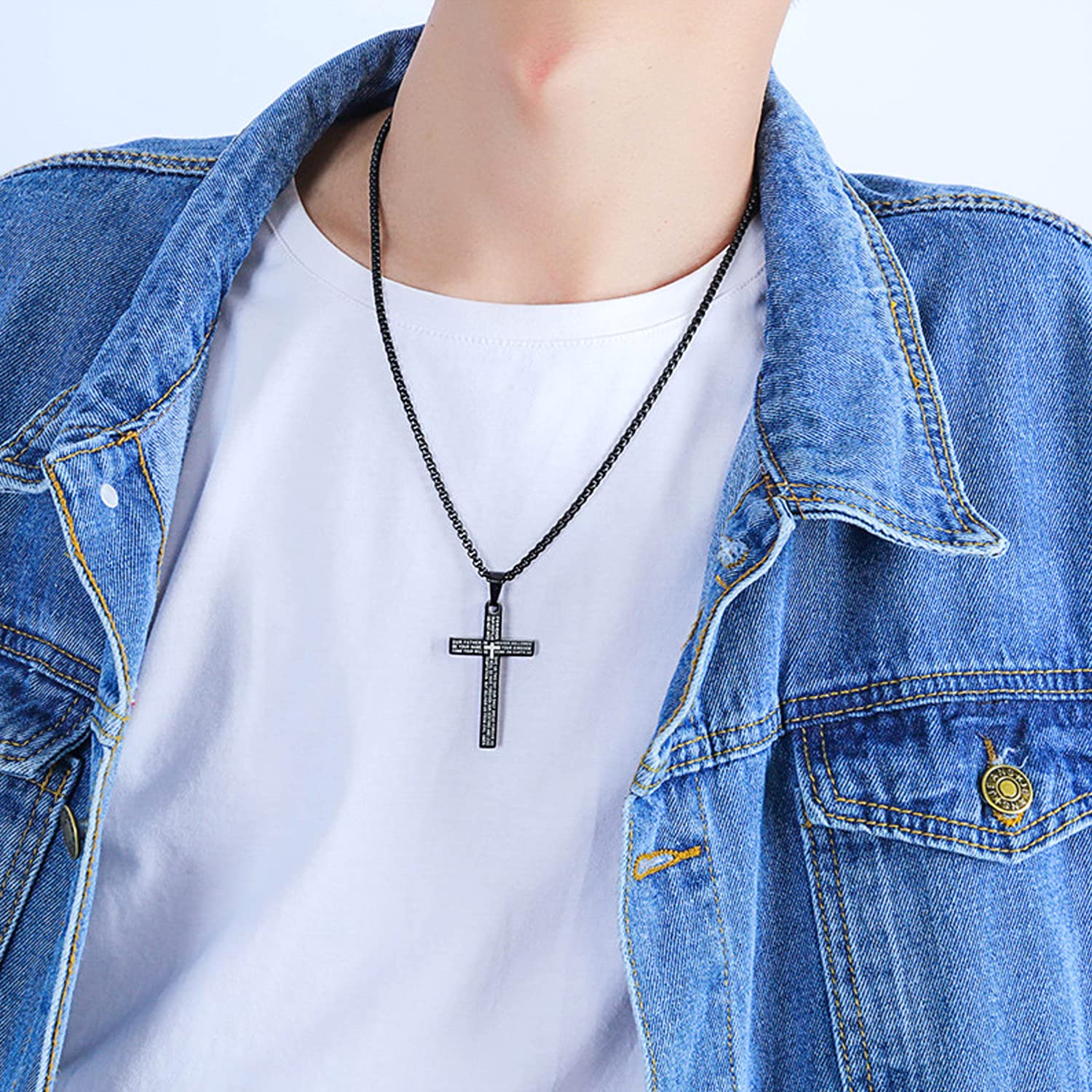 Stainless Steel Lord's Prayer Cross Necklace Chain Pendant